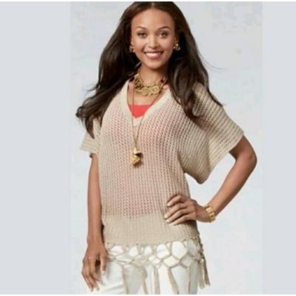 CAbi - Fling Knotted Oversize Knit Weaved Fringe Tan Boho Sweater #292 Size Medi
